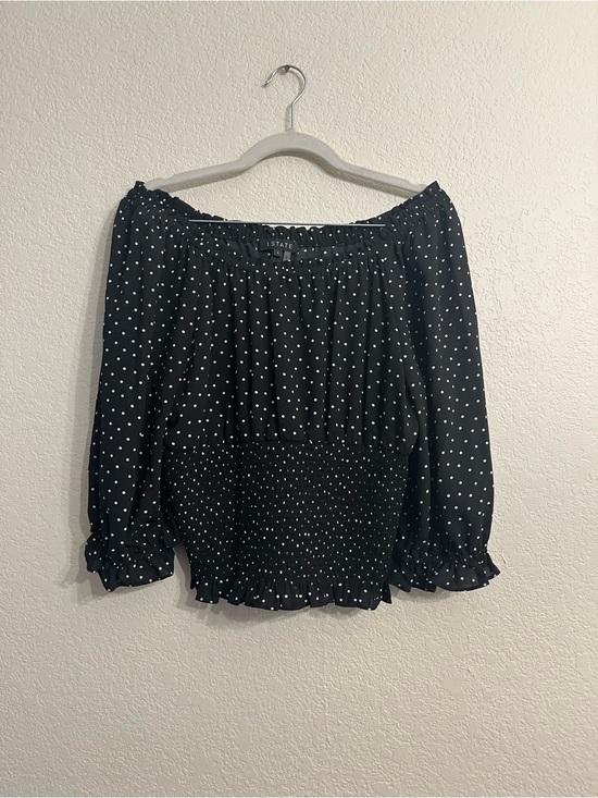 1. State Tops - 1. State Black and White Polka Dot Off-Shoulder Smocked Blouse